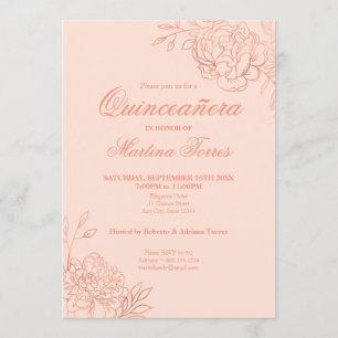 Pink Rose Gold Outline Flowers Floral Quinceanera Invitation