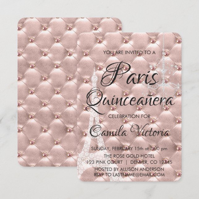 Pink Rose Gold Paris Quinceañera Celebration Invitation (Front/Back)