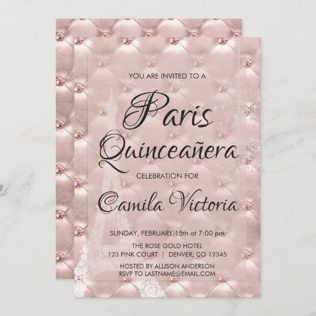 Pink Rose Gold Paris Quinceañera Celebration Invitation (Front/Back)
