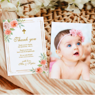 Pink Rose & Gold Photo Baptism Thank You Card