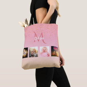 Pink rose gold photo monogram name tote bag