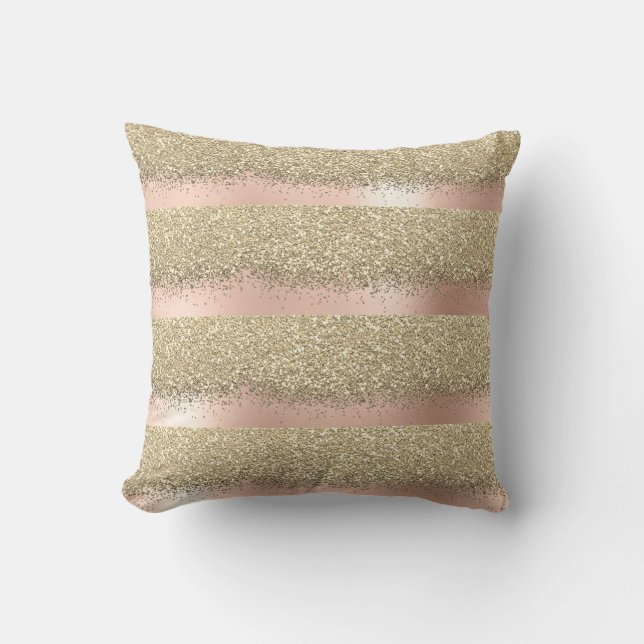 Pink Rose Gold Powder Blush Lux Glitter Stripes Cushion (Front)