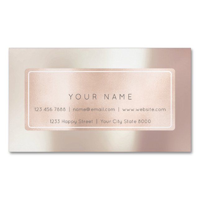 Pink Rose Gold Powder Metal Blush Rectangular Name Magnetic Business Card (Front)