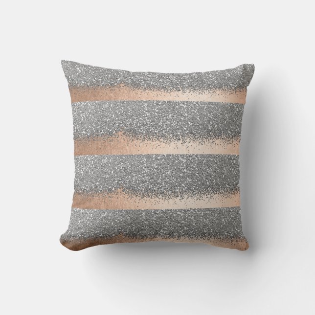 Pink Rose Gold Powder Silver Glitter Stripes Cushion (Front)