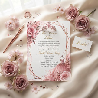 Pink rose gold princess w/ wreathcquinceañera invitation
