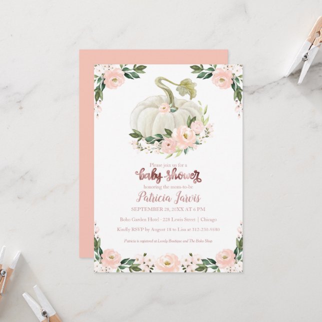 Pink Rose Gold Pumpkin Girl Baby Shower Invitation (Front/Back In Situ)