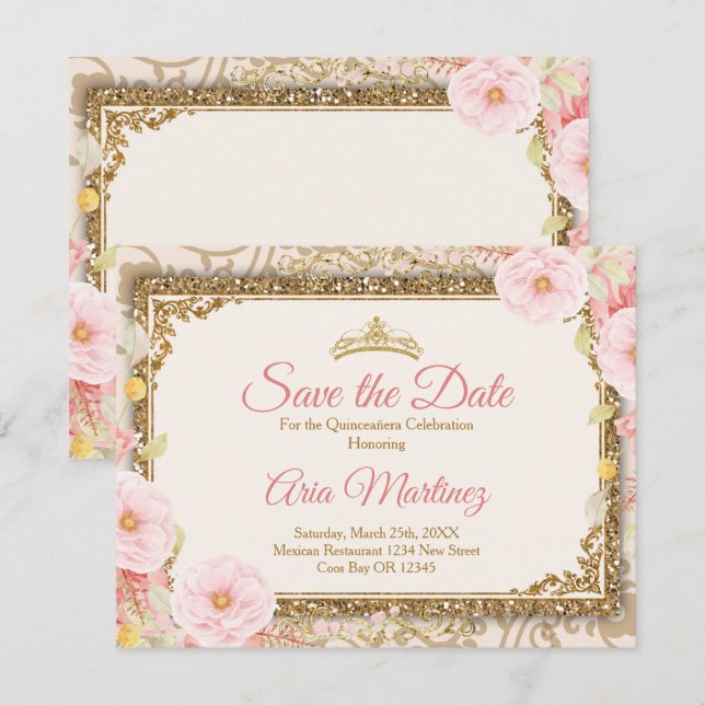 Pink Rose Gold Quinceañera 15 Anos Save the Date  Thank You Card (Front/Back)