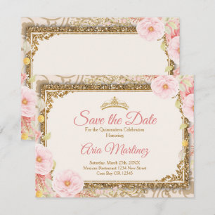Pink Rose Gold Quinceañera 15 Anos Save the Date Thank You Card