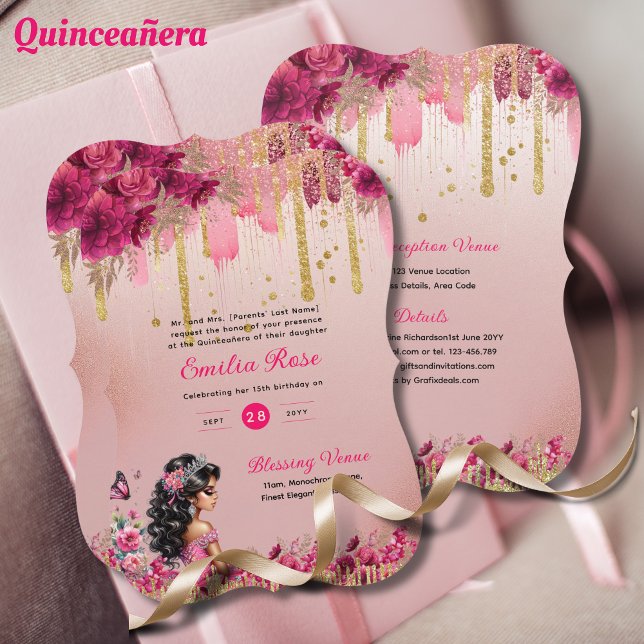 PINK Rose Gold Quinceanera Dress Floral Roses Invitation (Creator Uploaded)
