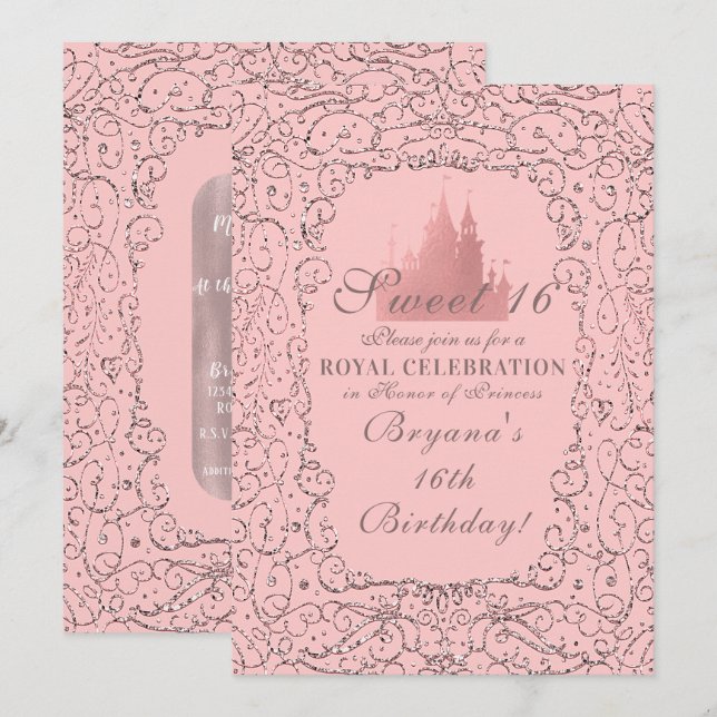 Pink Rose Gold Royal Castle Princess Sweet 16 Invitation (Front/Back)