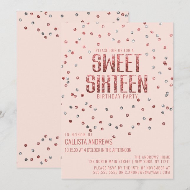 Pink Rose Gold Silver Glitter Confetti Sweet 16 Invitation (Front/Back)
