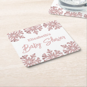 Pink Rose Gold Snowflake Winter Baby Shower Square Paper Coaster