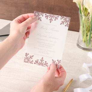 Pink Rose Gold Snowflake Winter Baby Shower Vellum Invitations