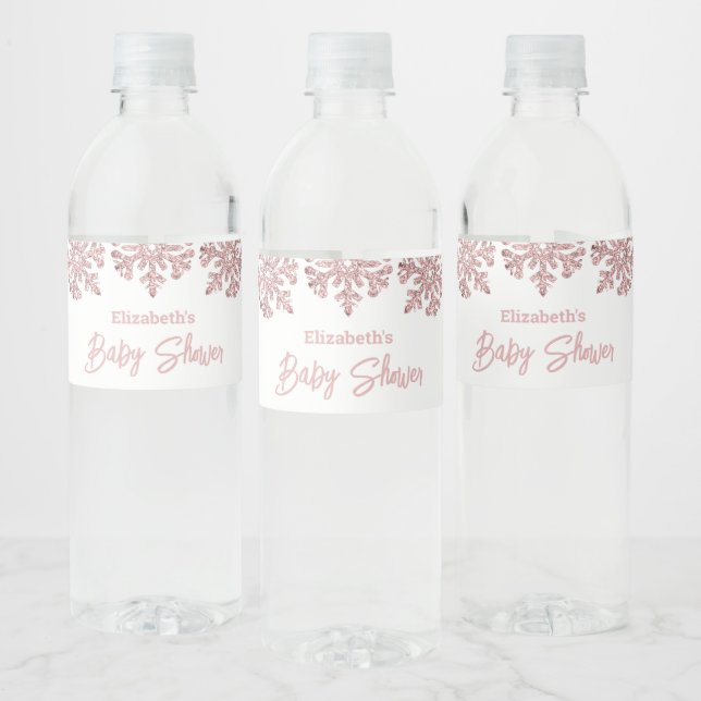 Pink Rose Gold Snowflake Winter Baby Shower Water Bottle Label (Bottles)