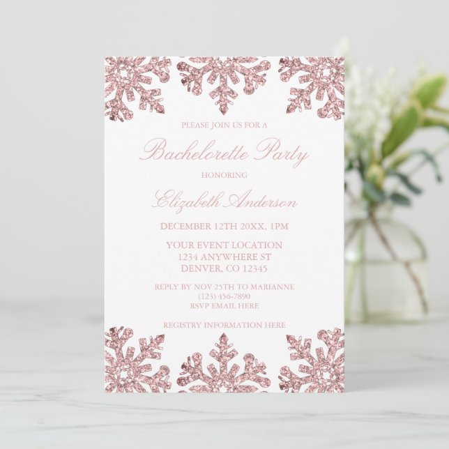 Pink Rose Gold Snowflake Winter Bachelorette Party Invitation (Standing Front)