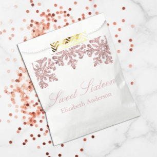 Pink Rose Gold Snowflake Winter Sweet 16 Favour Bags