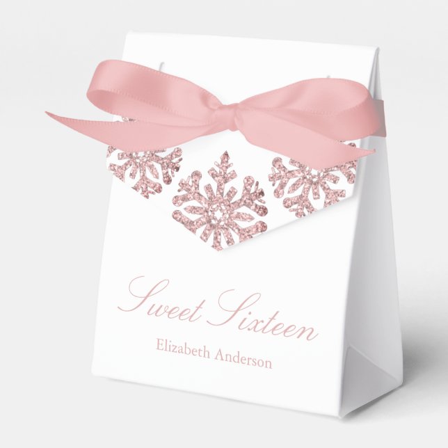 Pink Rose Gold Snowflake Winter Sweet 16 Favour Box (Front Side)