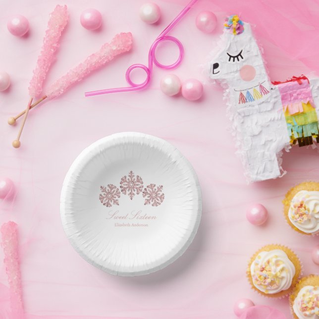 Pink Rose Gold Snowflake Winter Sweet 16 Paper Plate (Party)