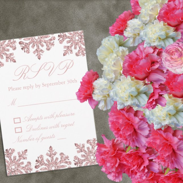 Pink Rose Gold Snowflake Winter Sweet 16 RSVP Card (Creator Uploaded)