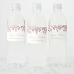Pink Rose Gold Snowflake Winter Sweet 16 Water Bottle Label