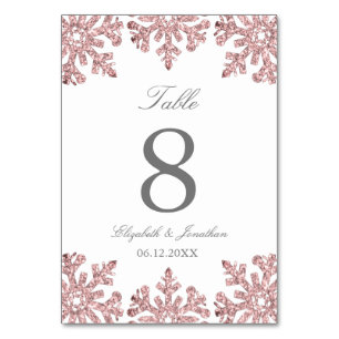 Pink Rose Gold Snowflake Winter Wedding Table Number