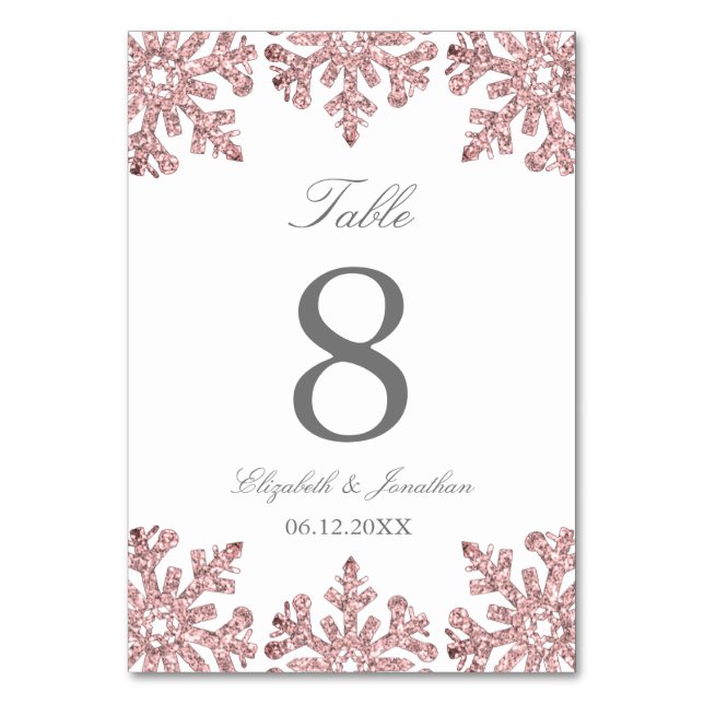 Pink Rose Gold Snowflake Winter Wedding Table Number (Front)