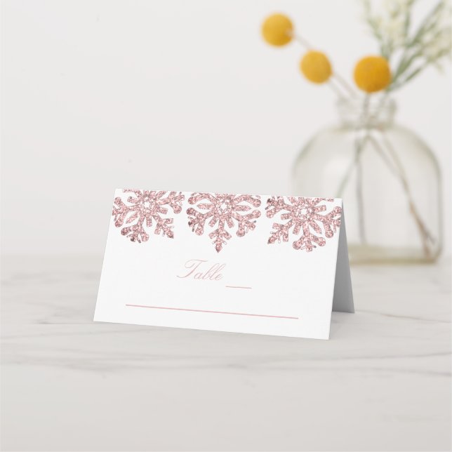 Pink Rose Gold Snowflakes Winter Sweet Sixteen Place Card (Front)