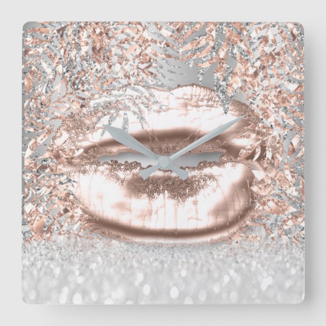 Pink Rose Gold Spark Floral Glitter Lips Gray Square Wall Clock (Front)