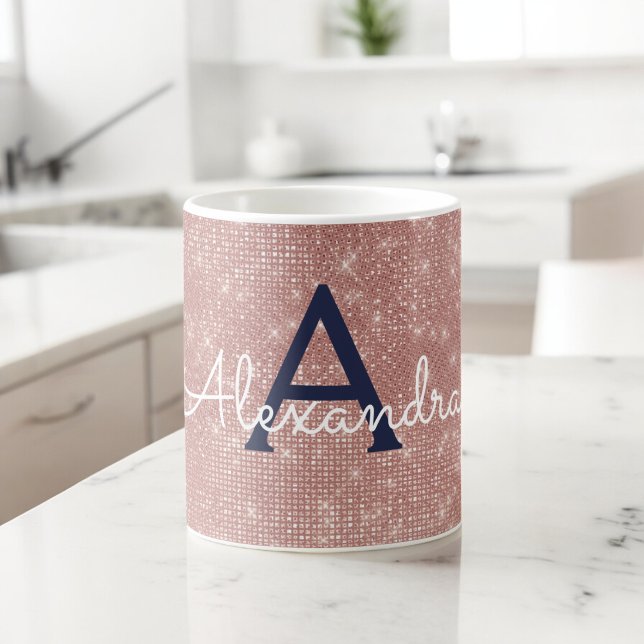 Pink Rose Gold Sparkle Bling Monogram Name Coffee Mug (Creator Uploaded)