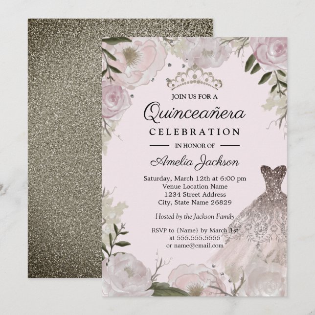 Pink Rose Gold Sparkle Dress Floral Quinceanera Invitation (Front/Back)
