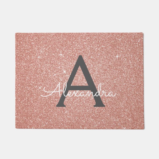 Pink - Rose Gold Sparkle Glitter Monogram Name Doormat (Front)