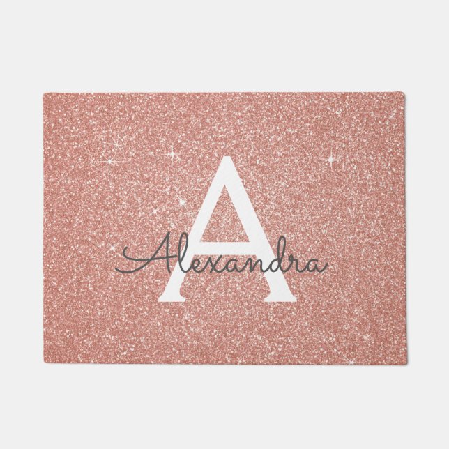 Pink - Rose Gold Sparkle Glitter Monogram Name Doormat (Front)