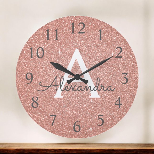 Pink Rose Gold Sparkle Glitter Monogram Name Large Clock (Creator Uploaded)