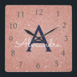 Pink - Rose Gold Sparkle Glitter Monogram Name Square Wall Clock<br><div class="desc">Blush Pink - Rose Gold and Navy Blue Sparkle Glitter Monogram Name and Initial Serving Wall Clock. The Wall Clock makes the perfect gift for someone who loves pink sparkle glitter.</div>