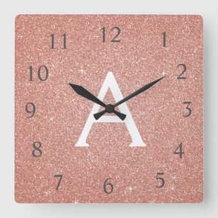 Pink - Rose Gold Sparkle Glitter Monogram Name Square Wall Clock