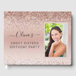 Pink Rose Gold Sparkle Glitter Photo 16th Birthday Guest Book
