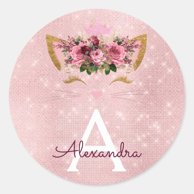 Pink Rose Gold Sparkle Kitty Monogram Birthday Classic Round Sticker (Front)