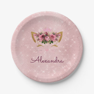 Pink Rose Gold Sparkle Kitty Monogram Birthday Paper Plate