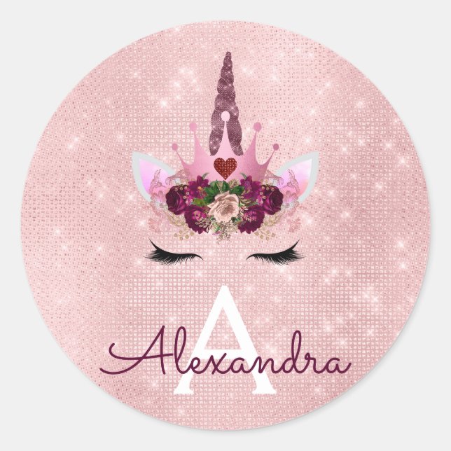 Pink Rose Gold Sparkle Unicorn Monogram Birthday Classic Round Sticker (Front)