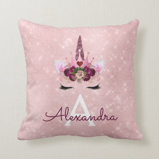 Pink Rose Gold Sparkle Unicorn Monogram Room Decor Cushion Zazzle Co Uk