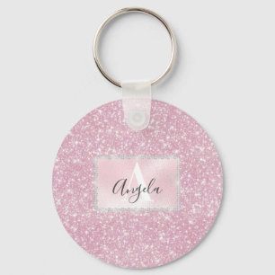 Pink Rose Gold Sparkly Glitter Monogram Girly Key Ring
