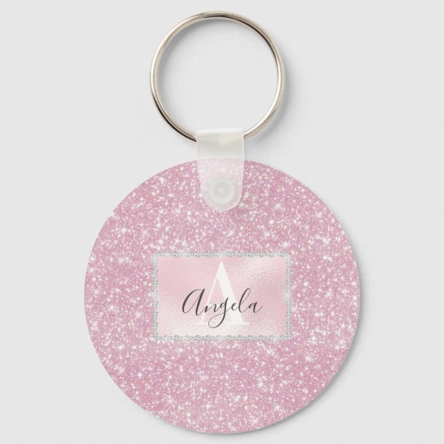 Pink Rose Gold Sparkly Glitter Monogram Girly Key Ring (Front)