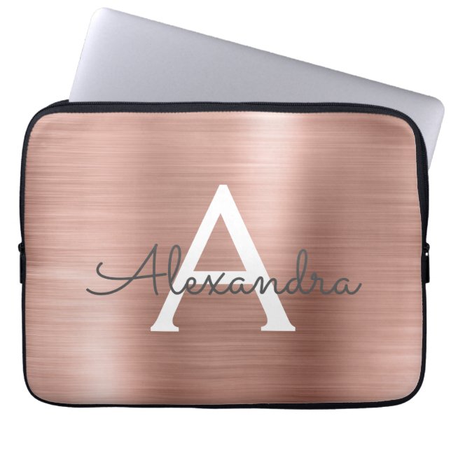 Pink Rose Gold Stainless Steel Monogram Laptop Sleeve (Front)