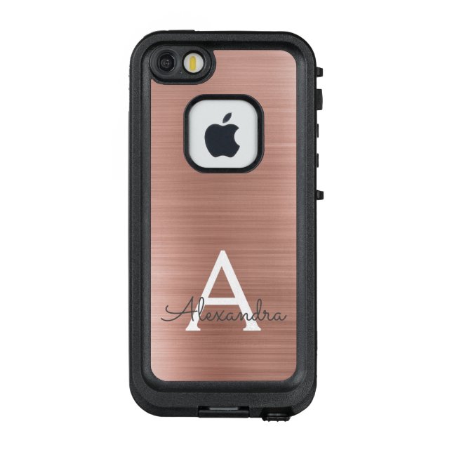 Pink Rose Gold Stainless Steel Monogram LifeProof iPhone Case (Back)