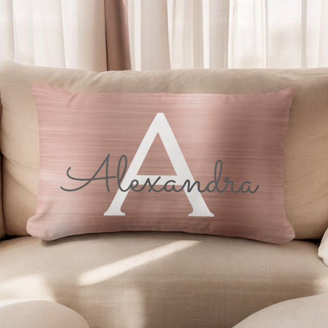 Pink Rose Gold Stainless Steel Monogram Name Lumbar Cushion (Creator Uploaded)
