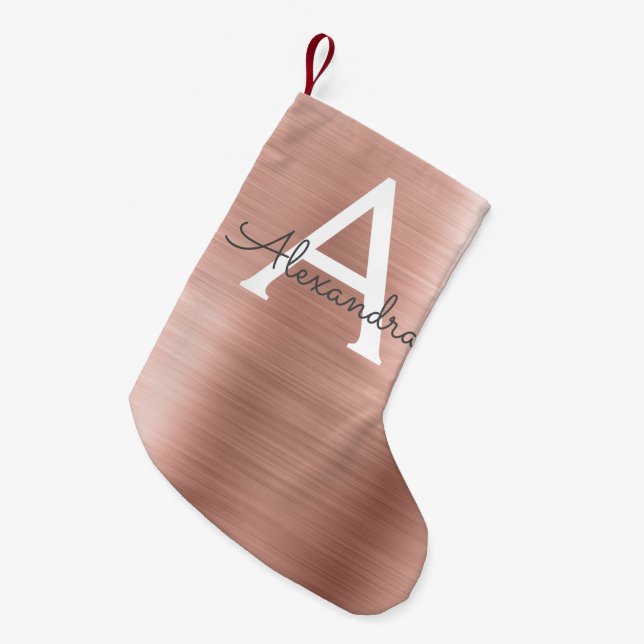 Pink Rose Gold Stainless Steel Monogram Small Christmas Stocking (Front (Hanging))