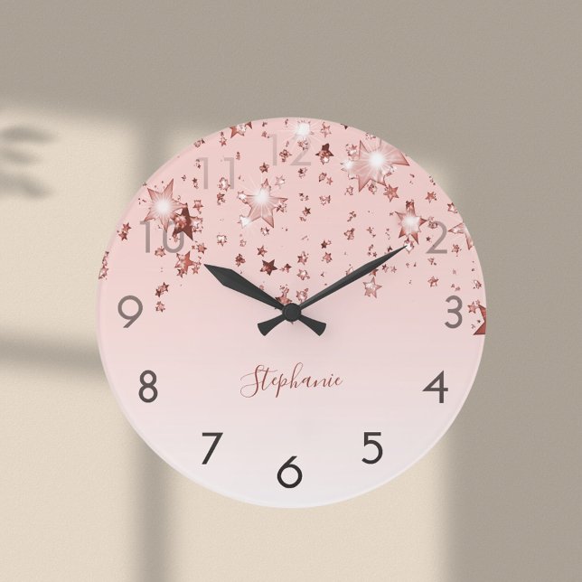 Pink rose gold stars shiny monogram large clock (Creator Uploaded)