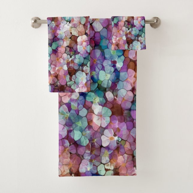 Pink Rose Gold Teal Mosaic Millefiori Flowers Bath Towel Set (Insitu)
