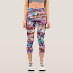 Pink Rose Gold Teal Mosaic Millefiori Flowers Capri Leggings