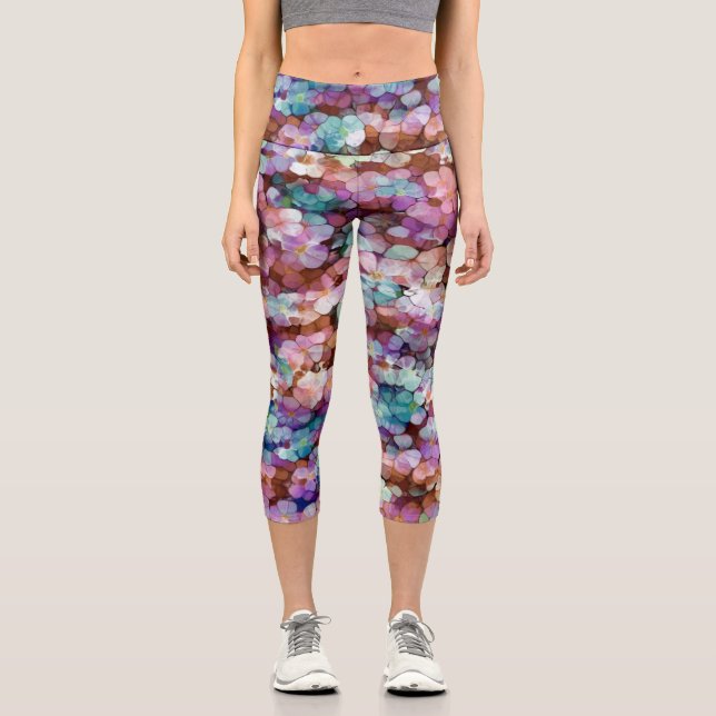 Pink Rose Gold Teal Mosaic Millefiori Flowers Capri Leggings (Front)